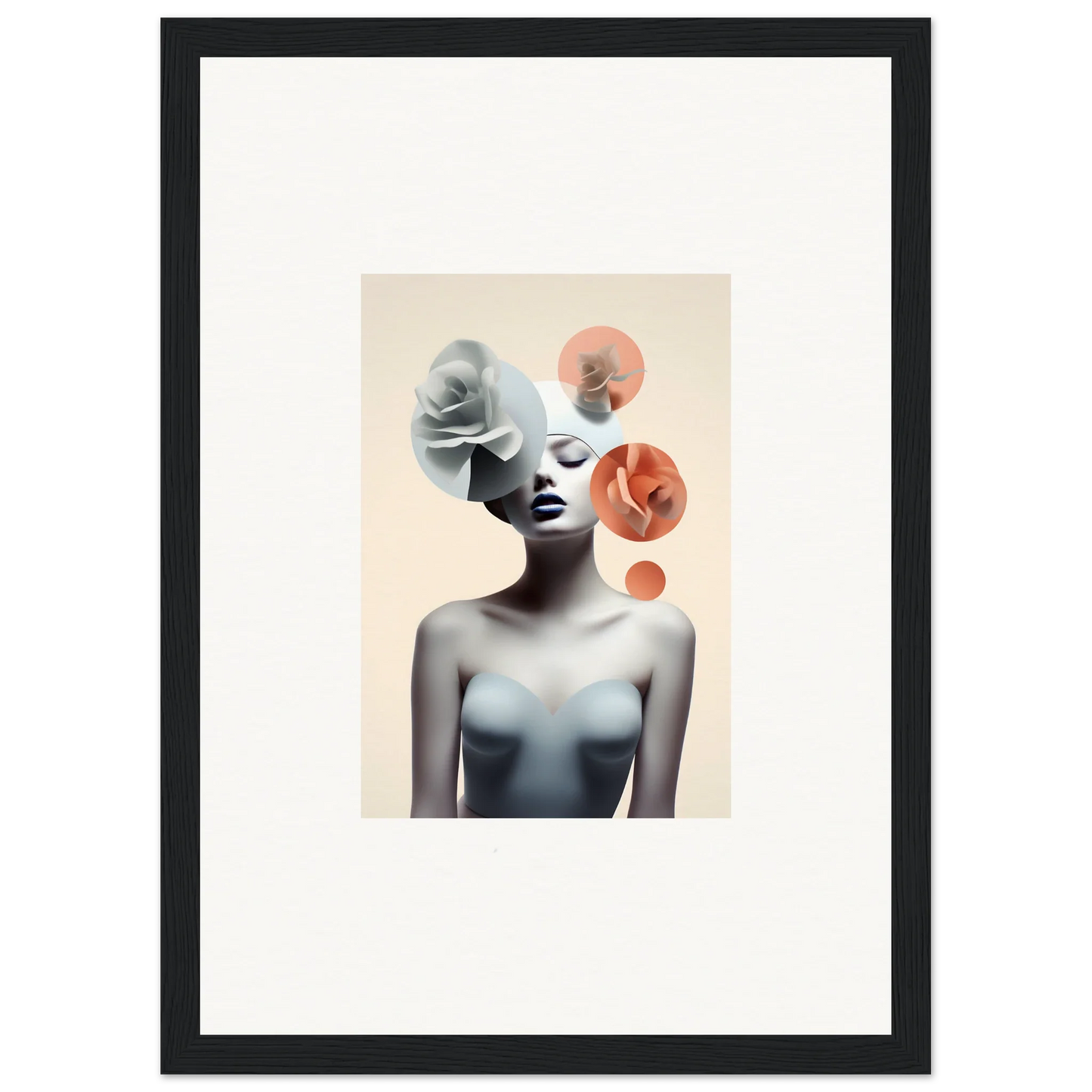 Framed canvas print of a stylish monochrome figure with abstract circular elements for blossom nexus room decoration