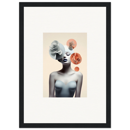 Framed canvas print of a stylish monochrome figure with abstract circular elements for blossom nexus room decoration