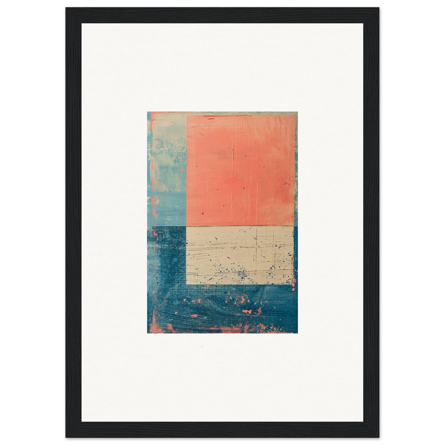 Abstract painting with geometric blocks in coral and blue for stylish room decoration