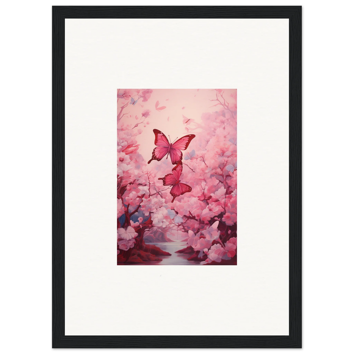 Framed canvas print of pink butterflies in cherry blossoms for spring euphoria room decoration