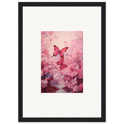 Framed canvas print of pink butterflies in cherry blossoms for spring euphoria room decoration