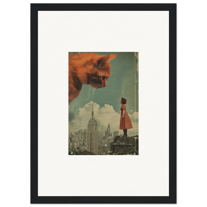 Surreal collage of a giant cat’s head over a city, perfect for Room Decor and Framed Wall Art