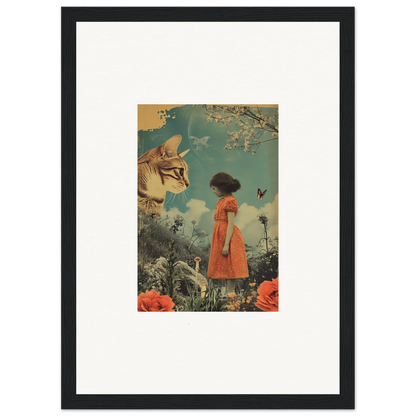 Framed collage of a girl in an orange dress with flowers and cat head for daydream whisperannels