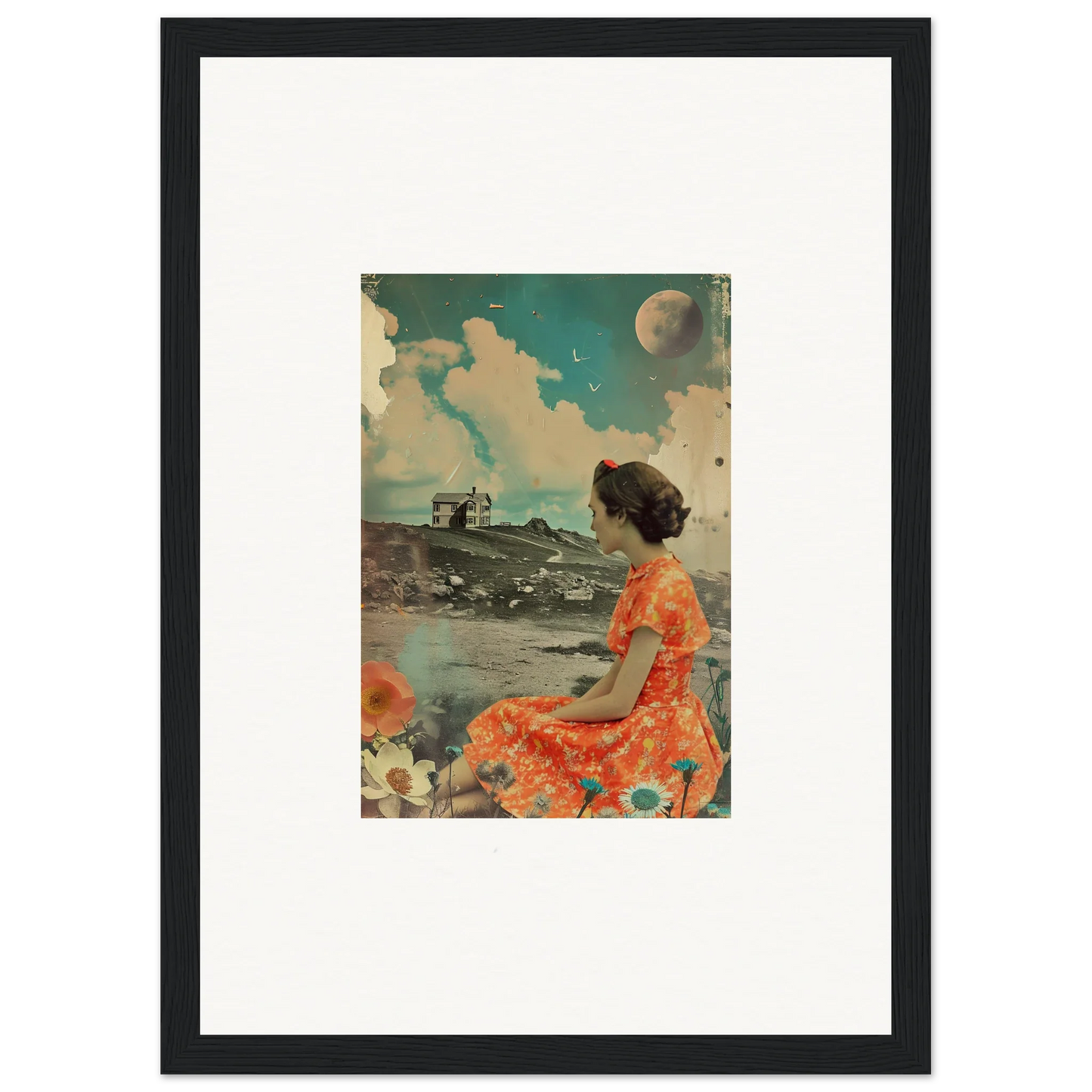 Framed vintage-style canvas print of a woman in an orange dress for color reverie room decoration