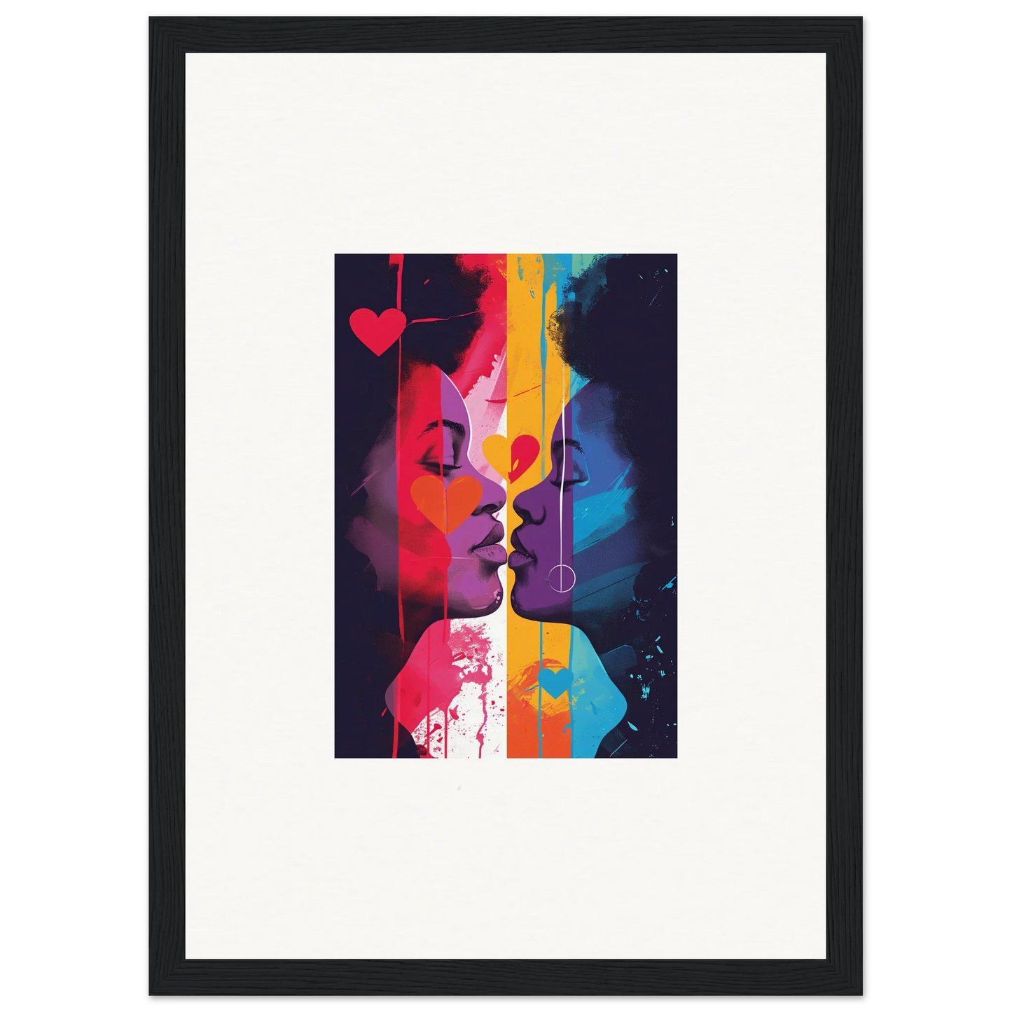 Colorful abstract canvas print of two faces about to kiss, perfect for heartwave reflection room decoration