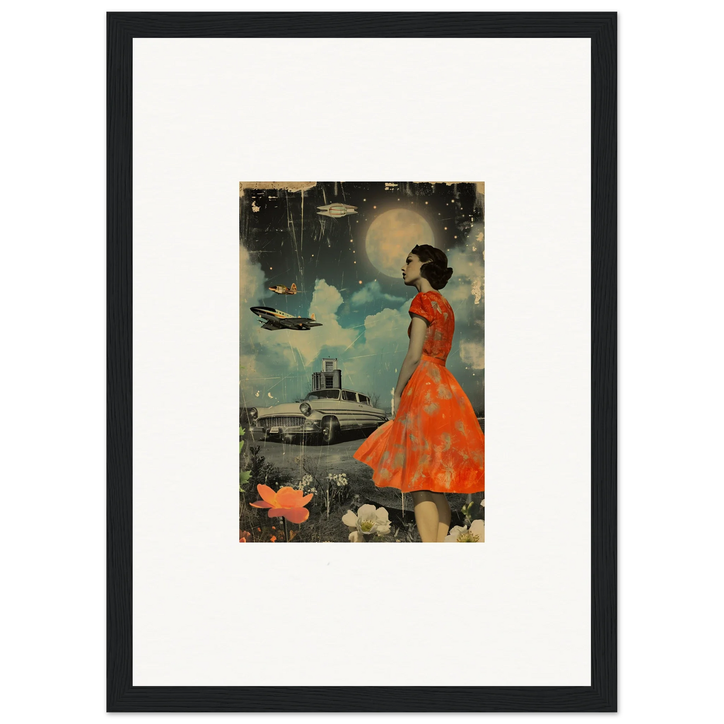 Framed canvas print of a woman in an orange dress for vibrant room decoration