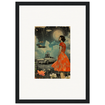 Framed canvas print of a woman in an orange dress for vibrant room decoration