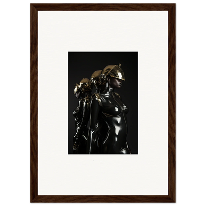 Framed black-and-white photograph of a shiny metallic sculpture or figure.