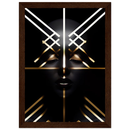 Abstract geometric face composed of golden and white lines on a black background.