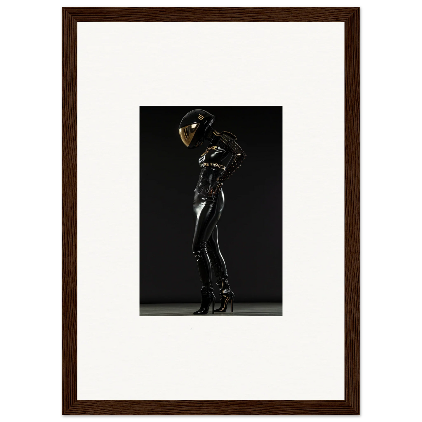 Sleek black latex or rubber bodysuit with a reflective helmet, posed dramatically.