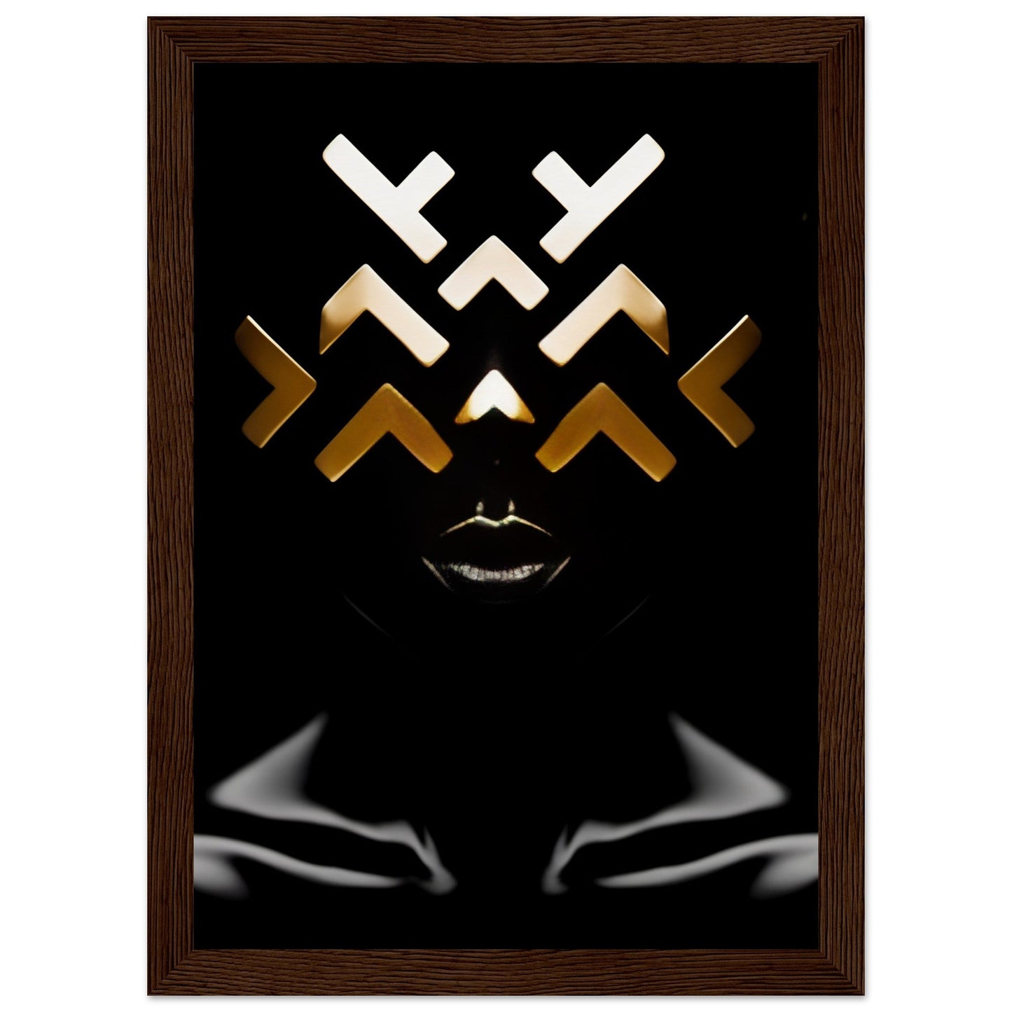 Abstract geometric face design with white and gold angular shapes on a black background.