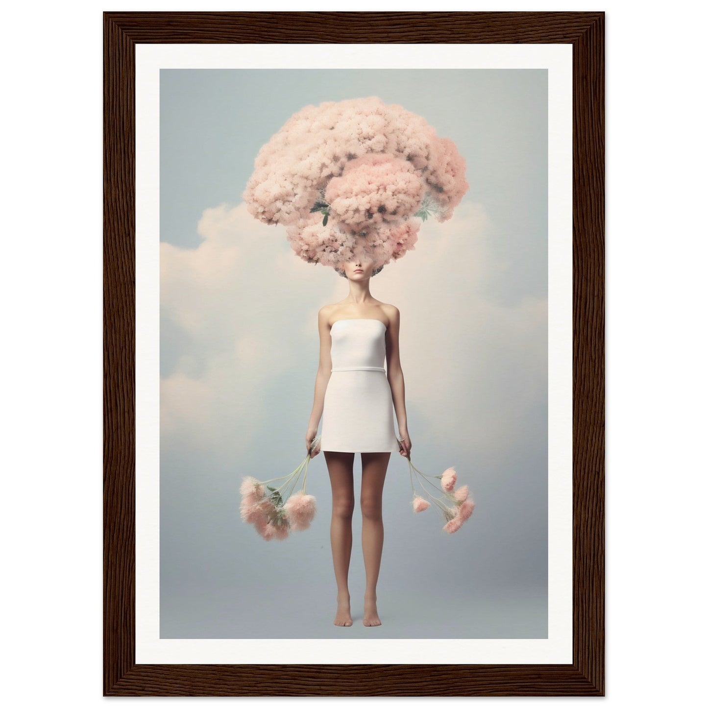 Surreal figure with a giant pink cotton candy-like cloud for a head, wearing a short white dress.