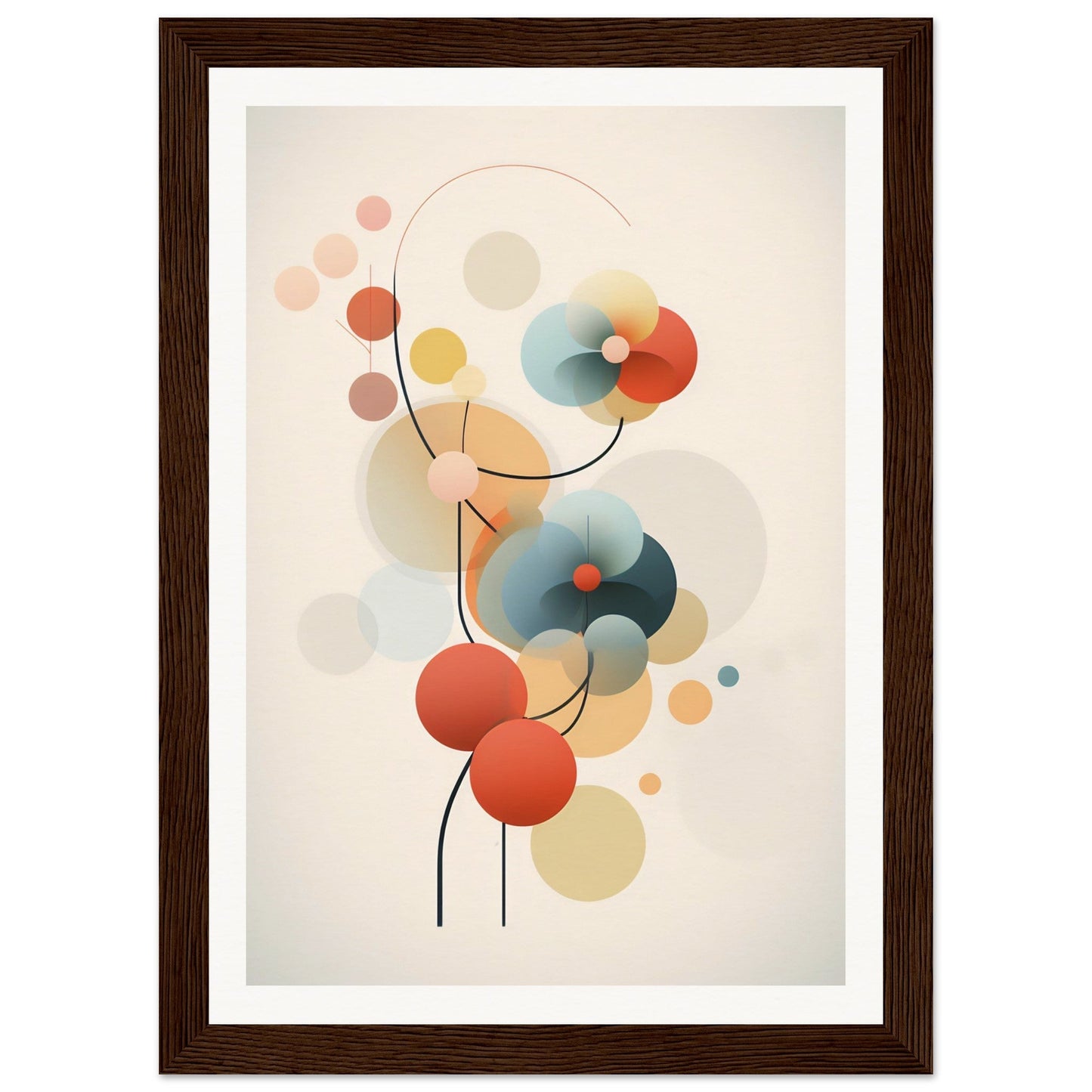 Abstract artwork featuring colorful circular shapes and curved lines in a minimalist style.