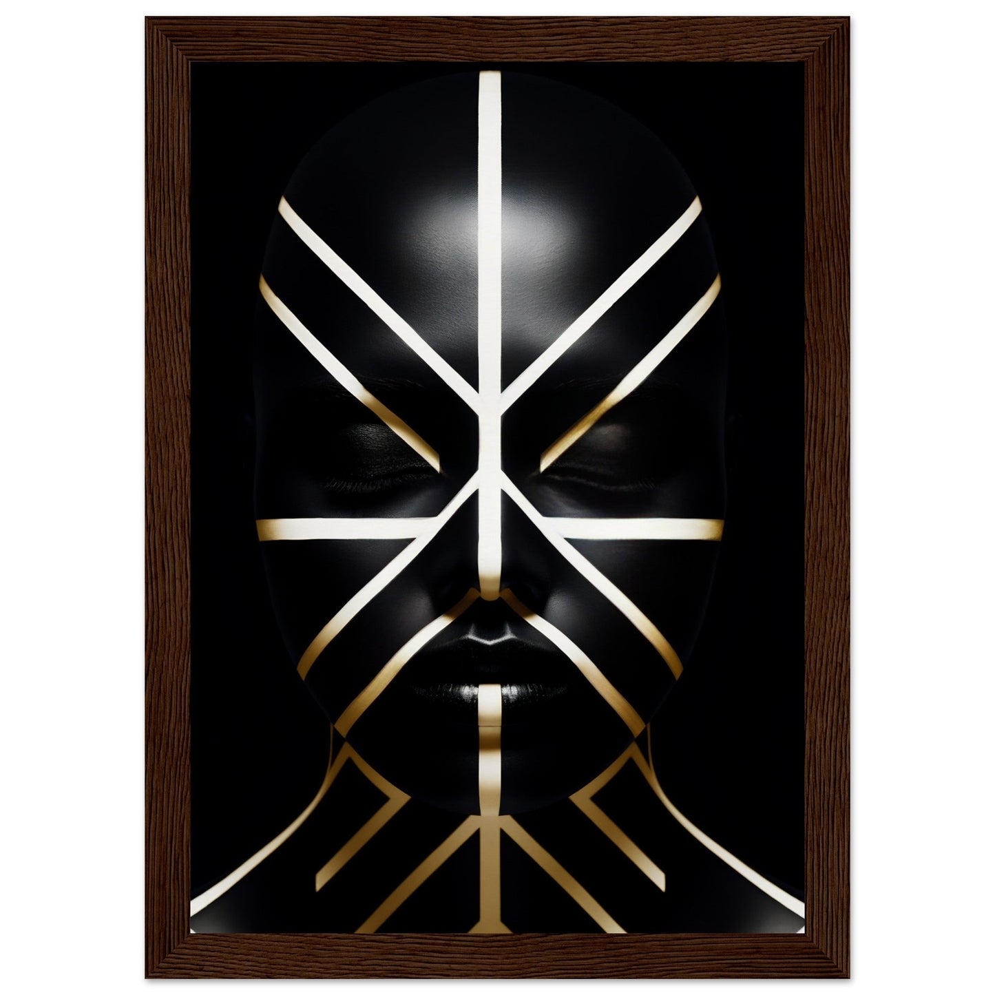 Abstract geometric design resembling a stylized face or mask composed of illuminated white and gold lines against a black background.