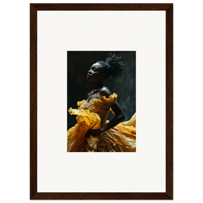 Striking portrait of a person wearing a flowing yellow garment against a dark background.