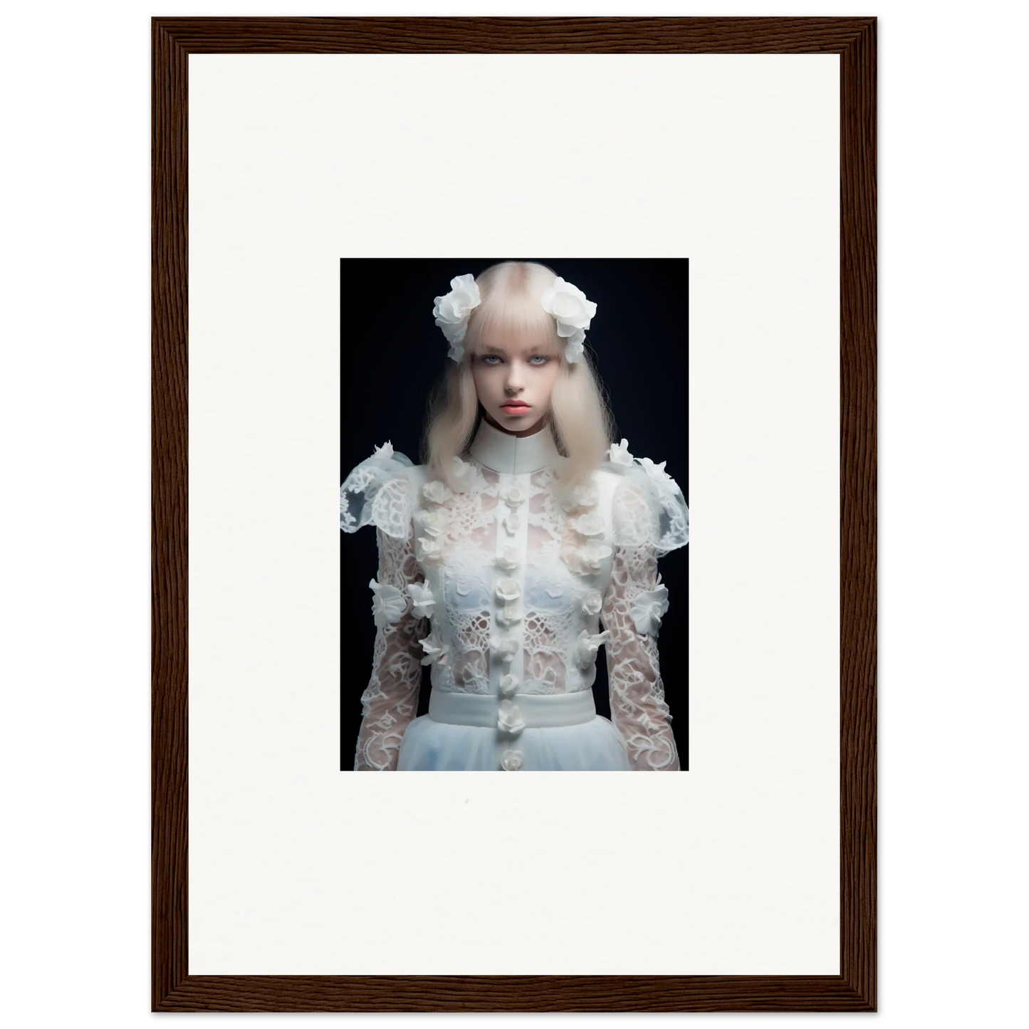 Framed photograph of a young person wearing an ornate white lace dress and headpiece.