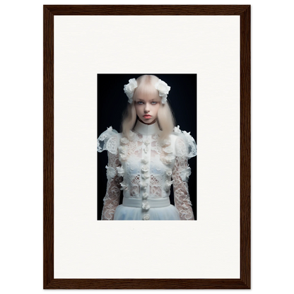 Framed photograph of a young person wearing an ornate white lace dress and headpiece.