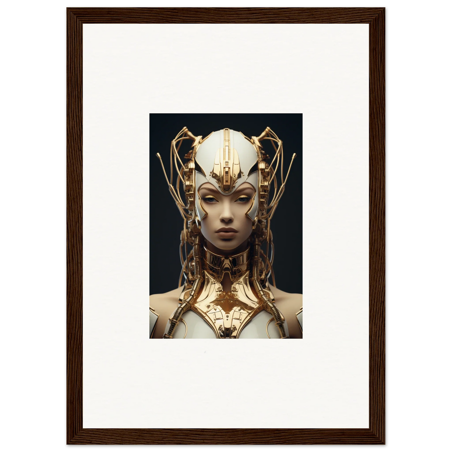 Futuristic female figure with golden headdress for Future Echoes Muse canvas print