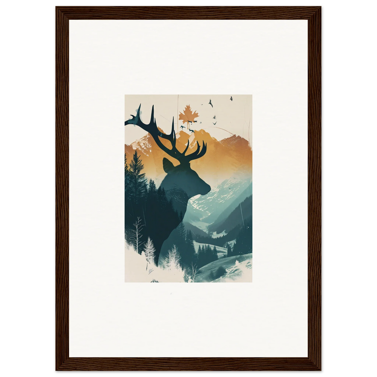 Framed canvas print of a stag haze silhouette in a scenic mountain landscape