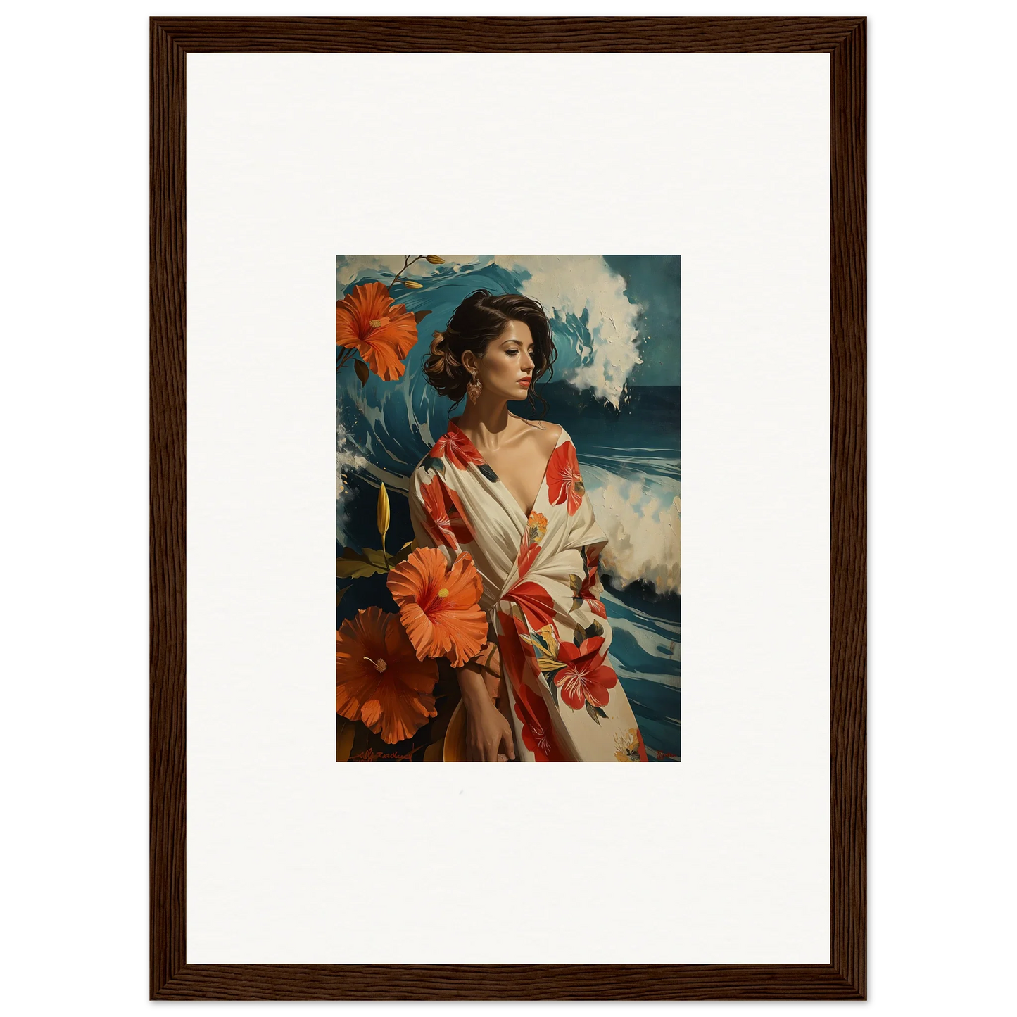 Framed canvas print of a woman in a floral dress for musing cascade room decoration