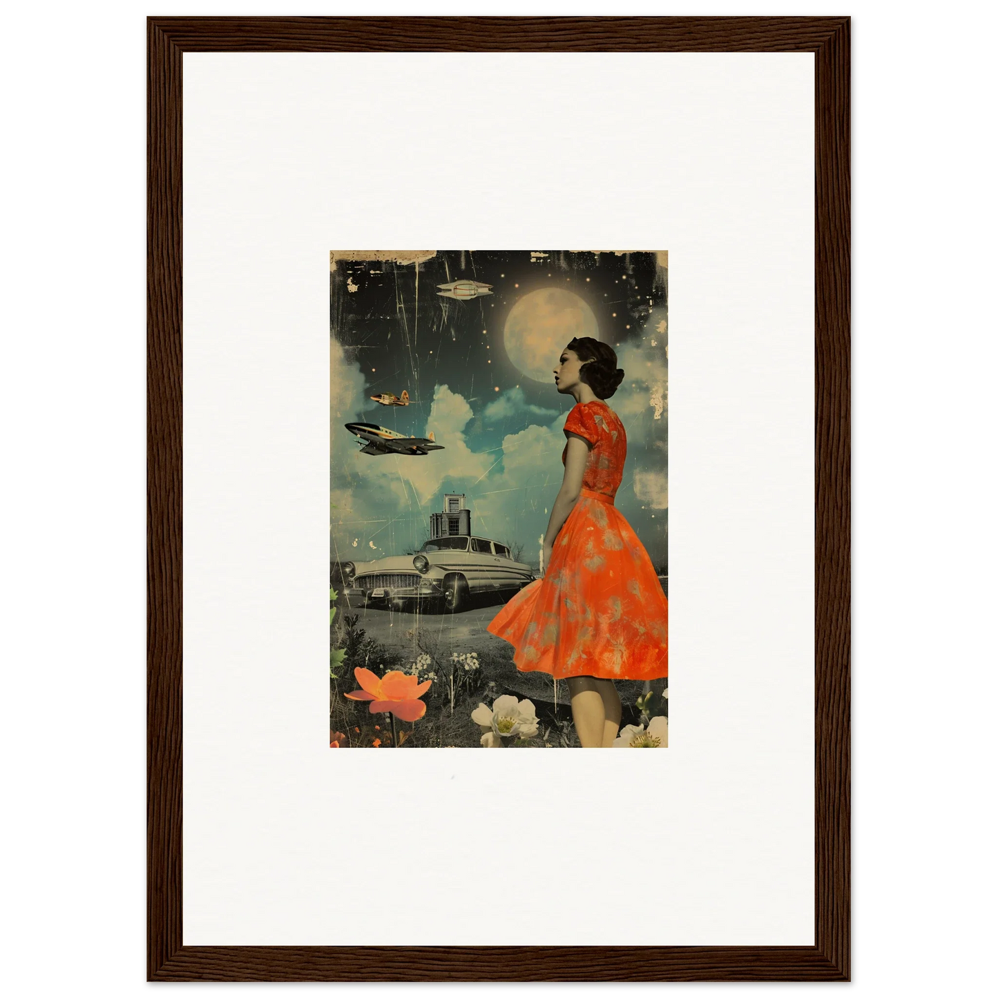 Framed canvas print of retro bloom featuring a woman in an orange dress for room decoration