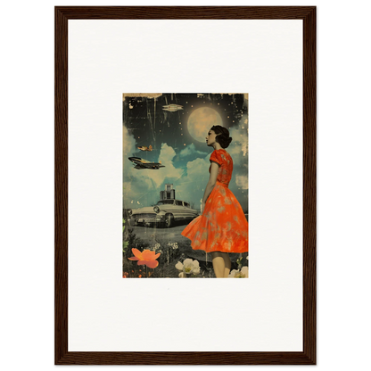 Framed canvas print of retro bloom featuring a woman in an orange dress for room decoration