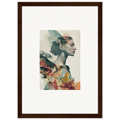 Artistic framed portrait of a woman’s profile with floral elements for room decoration