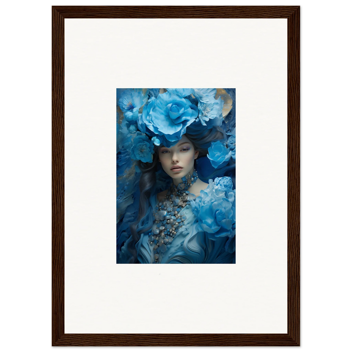 Framed canvas print of Dreaming Blue Symphony, featuring a figure with blue flowers