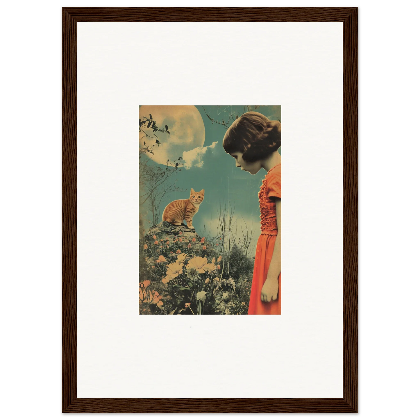 Framed vintage-style canvas print of woman in red dress and cat, perfect room decoration