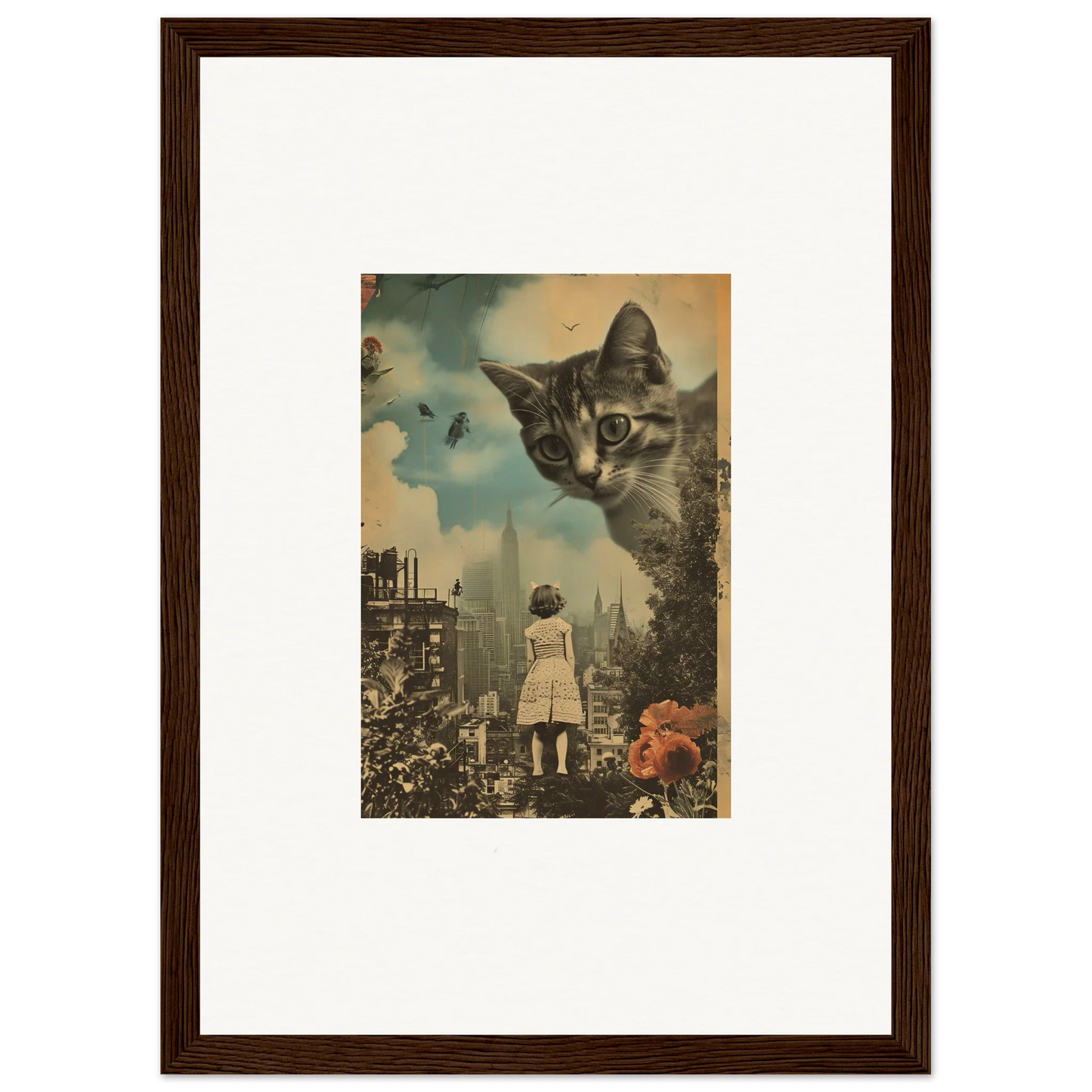 Framed surrealist wall art of a giant cat overlooking a city, perfect room decoration