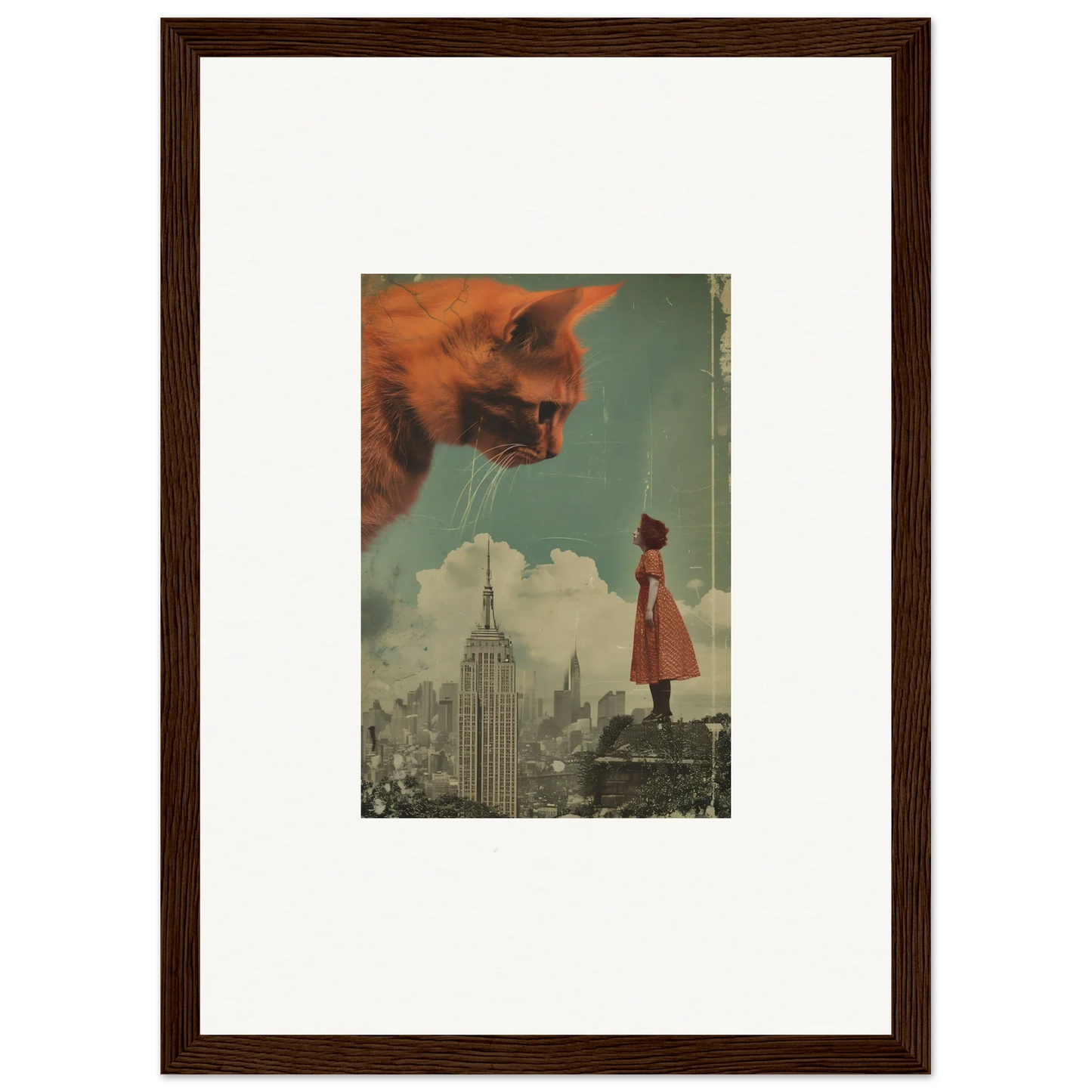 Framed surrealist wall art of a giant cat head in a city, perfect for room decor