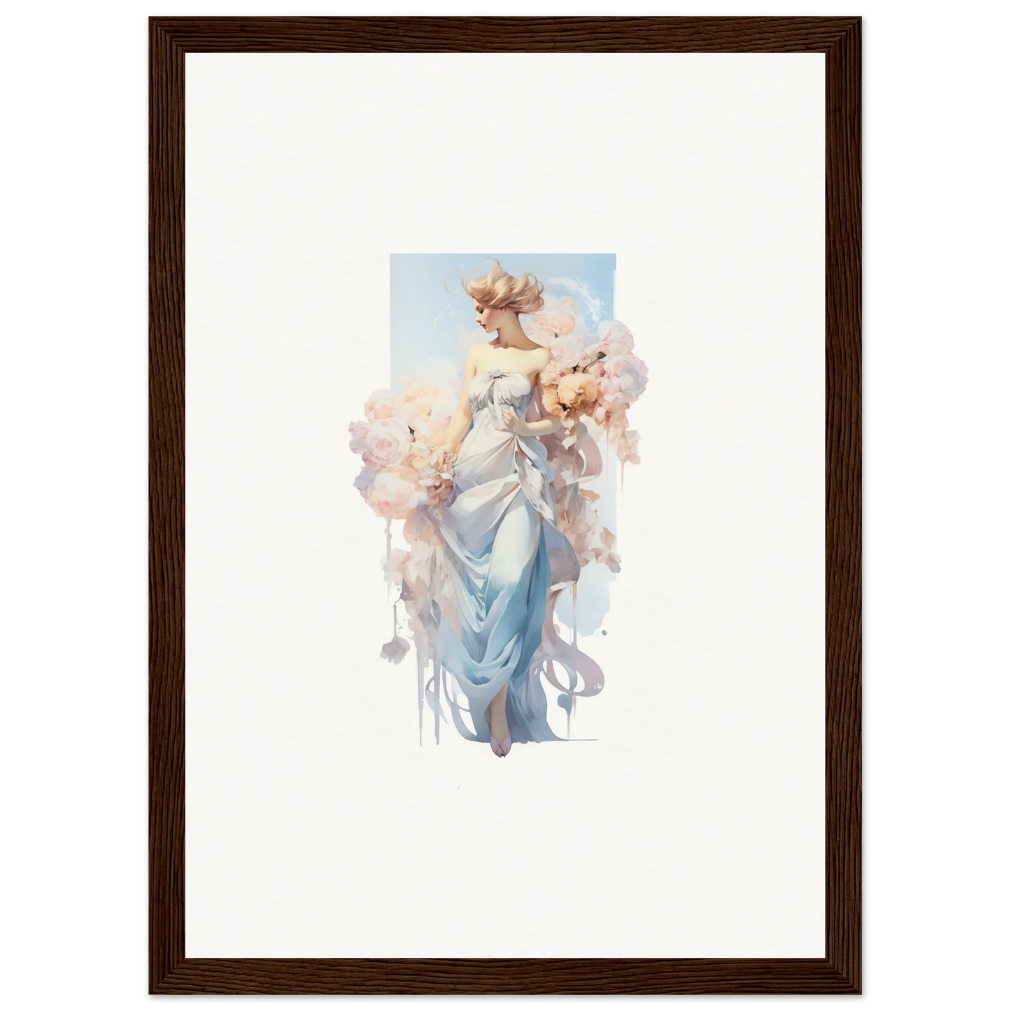 Framed watercolor of an ethereal woman in blue, perfect for bouquet waltz room decoration