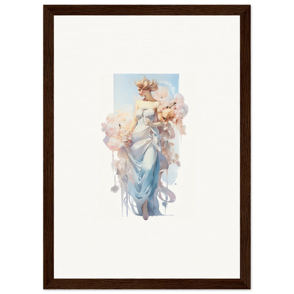 Framed watercolor of an ethereal woman in blue, perfect for bouquet waltz room decoration