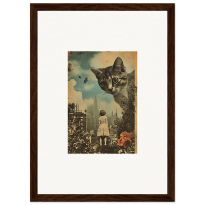 Surrealist canvas print of a giant cat overlooking a cityscape, perfect room decoration