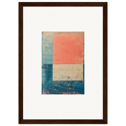 Framed abstract canvas print in coral, blue, and beige for chic room decoration