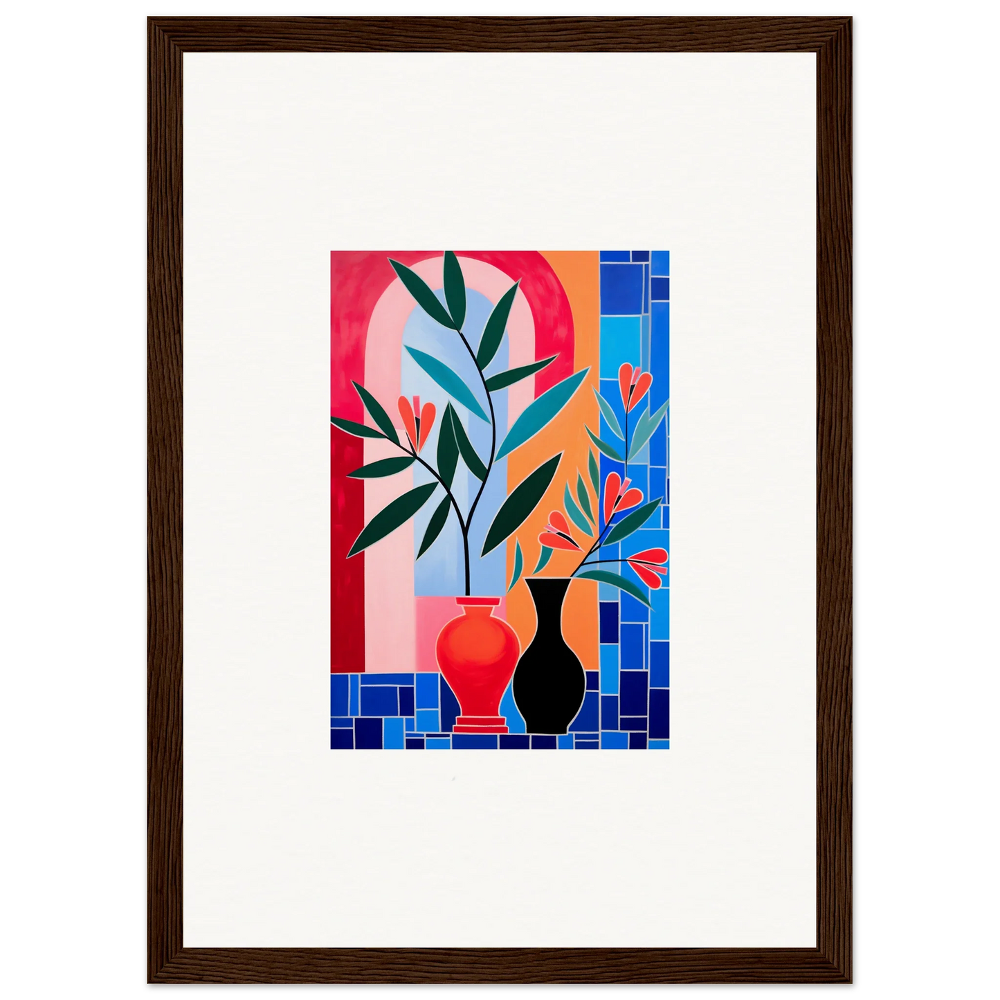 Framed wall art featuring colorful ceramic blooms and geometric background for room decor