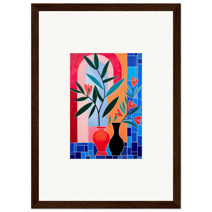 Framed wall art featuring colorful ceramic blooms and geometric background for room decor