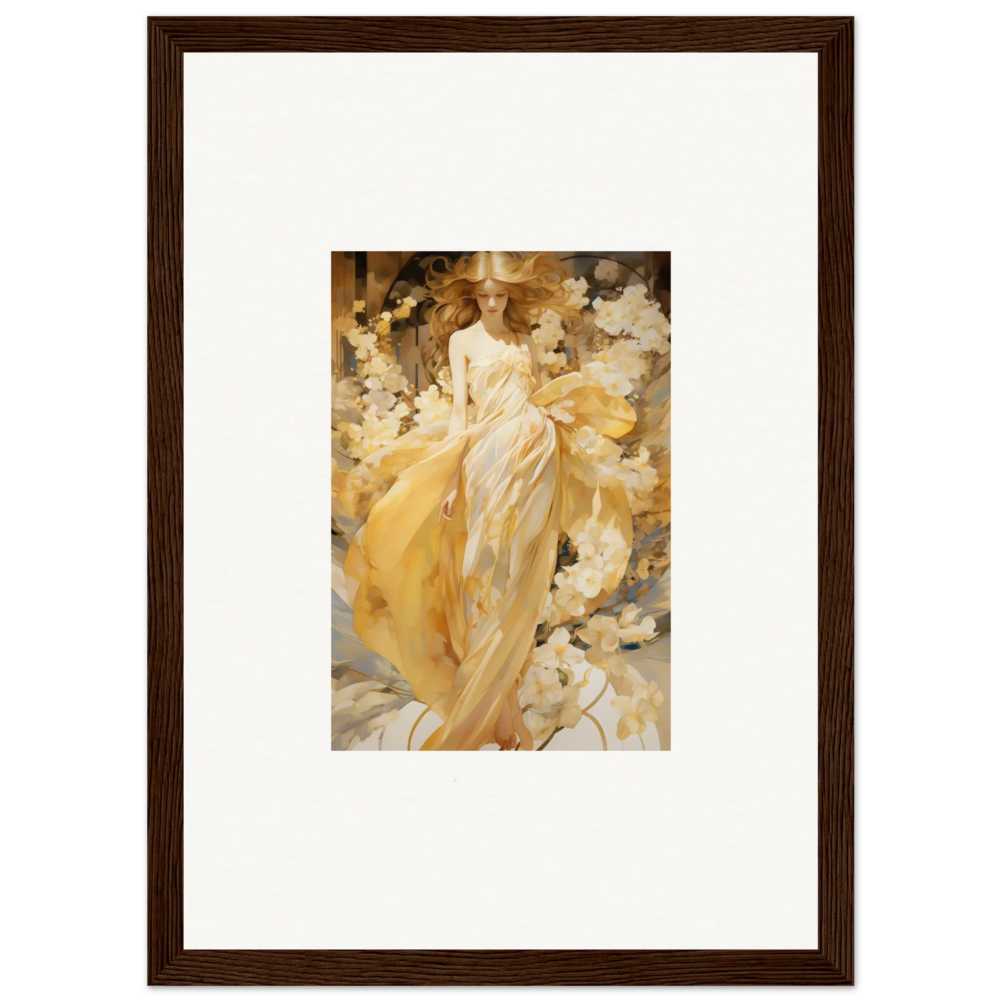 Framed canvas print of a woman in a yellow dress for a vibrant petal serenade room decoration