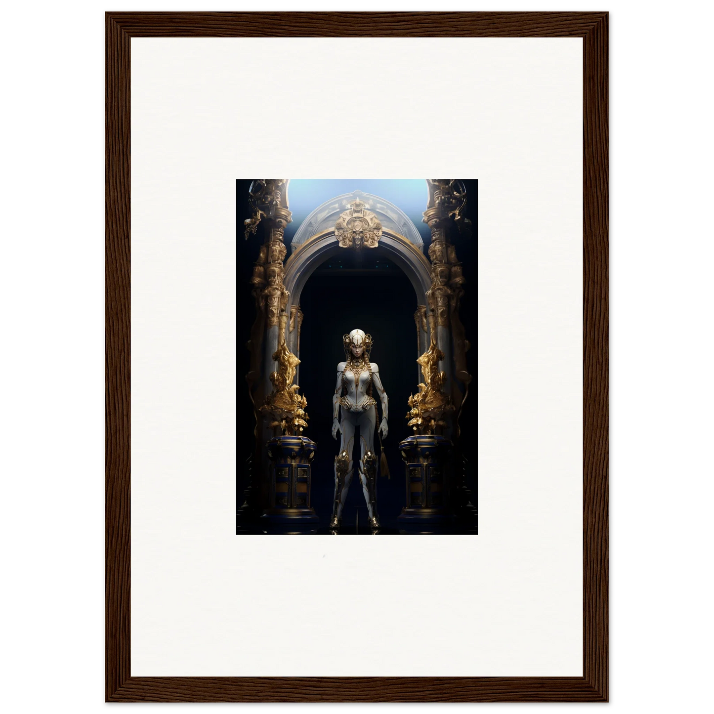 Framed canvas print of a metallic humanoid in an ornate archway for Griffinscape Synergy room decoration