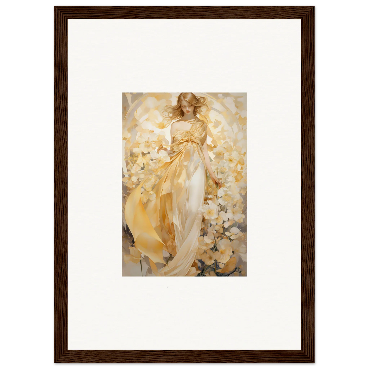 Framed canvas print of an ethereal woman in a golden dress for room decoration