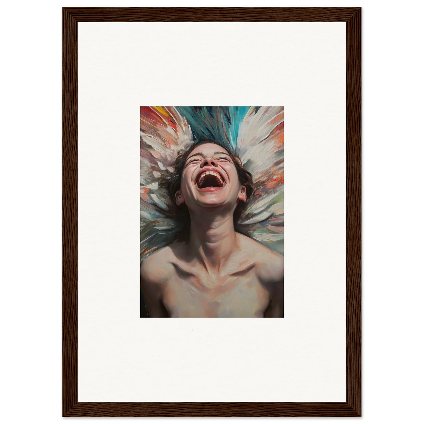 Joyful person laughing in a framed portrait for vibrant aura bloom room decoration