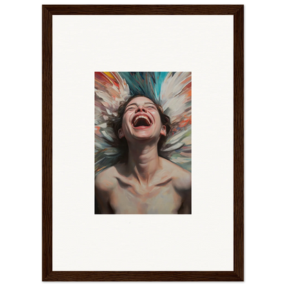 Joyful person laughing in a framed portrait for vibrant aura bloom room decoration