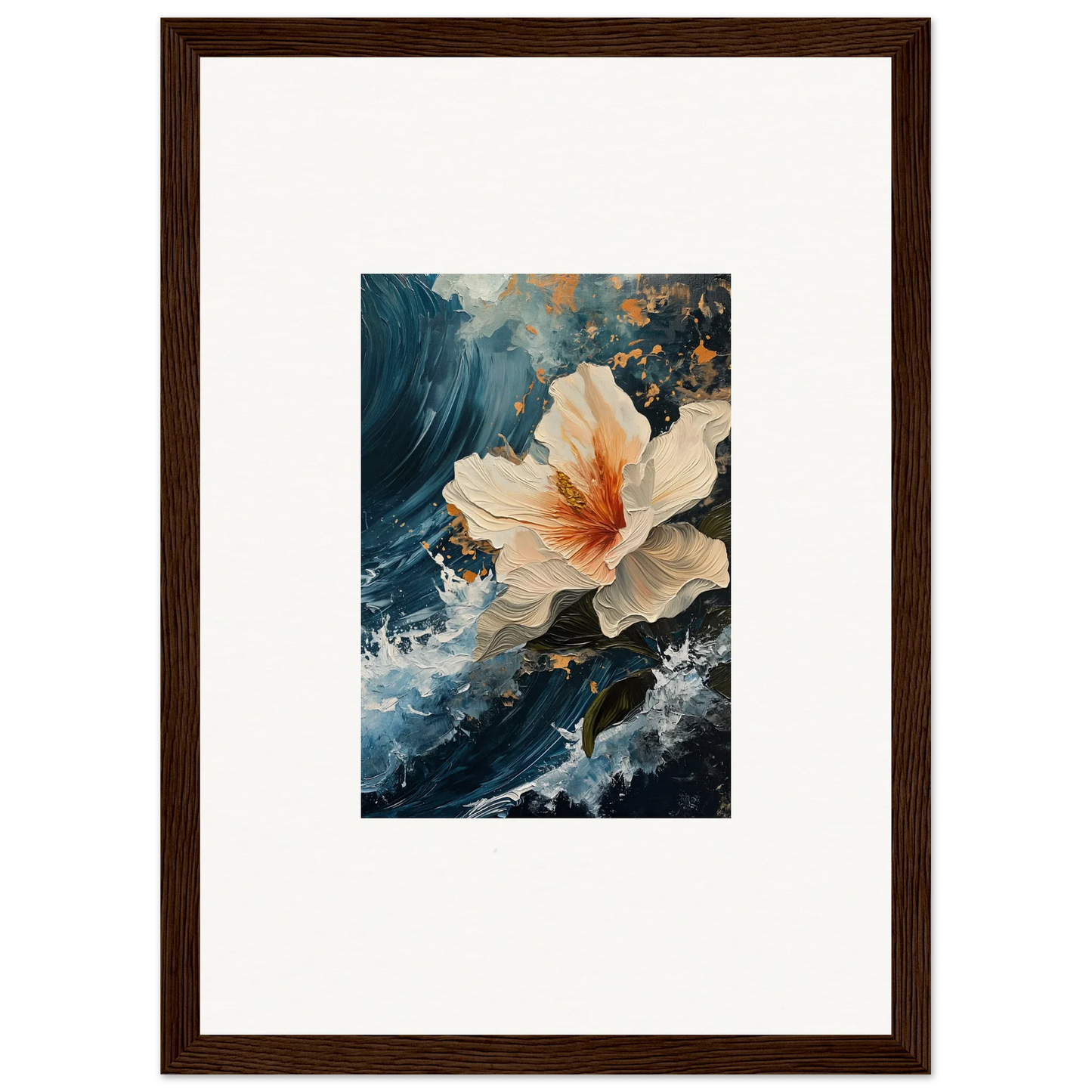 Delicate white and peach flower bloom on dark background, perfect for room decoration canvas print