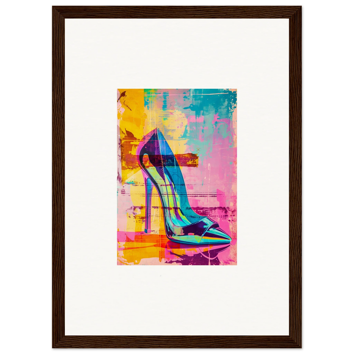 Vibrant high-heeled shoe illustration for Noir Reverie room decor and framed wall art