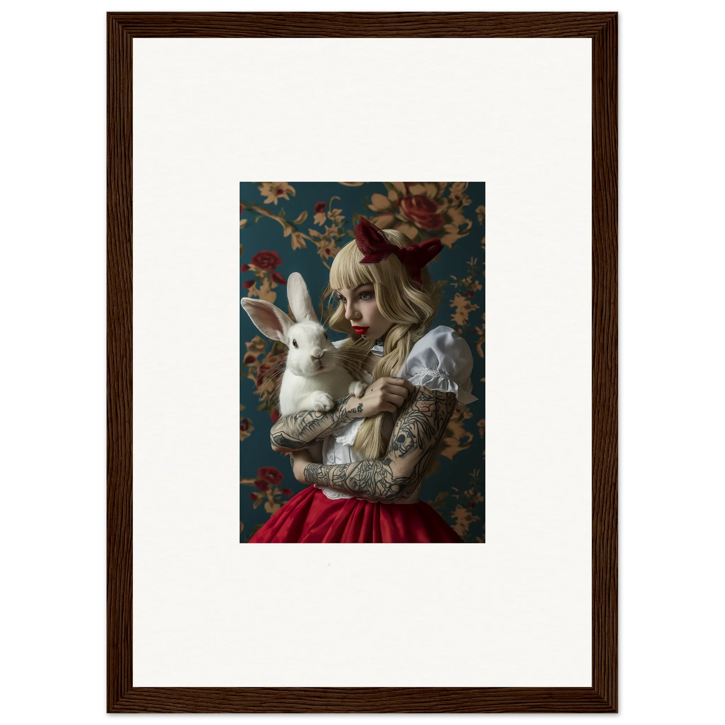 Framed canvas print of a person with blonde hair and a white rabbit for rabbit dreams room decoration