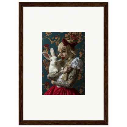 Framed canvas print of a person with blonde hair and a white rabbit for rabbit dreams room decoration