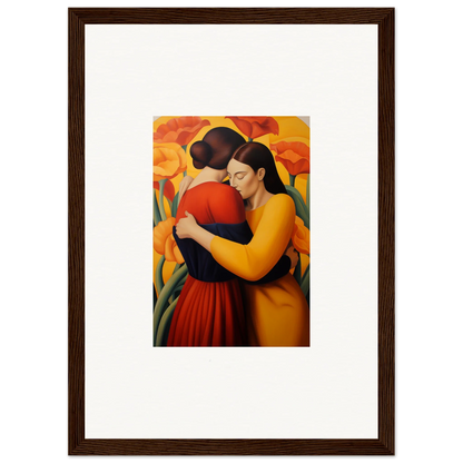 Vibrant Floral Fondness canvas print of two women embracing, perfect for room decoration