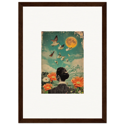 Framed canvas print of Lunar Bloom Reverie with a surreal woman, butterflies, and moon