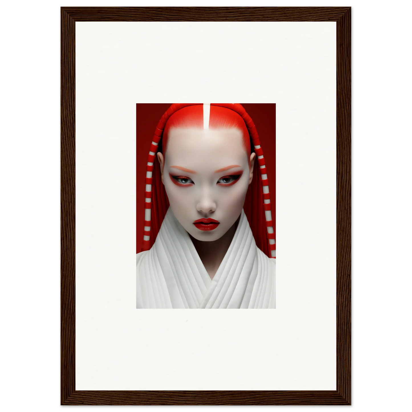 Portrait of a person with white makeup and red accents for Pome Artcard Whisper