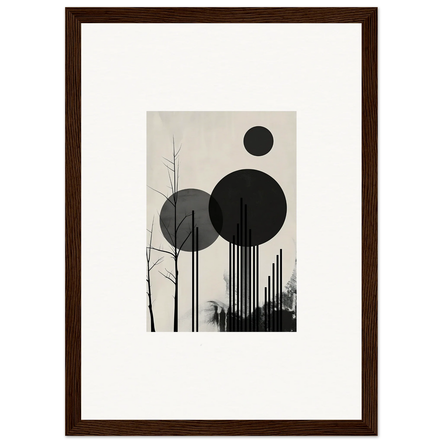 Framed black and white canvas print of geometric circles and tree branches for dropscape wandering